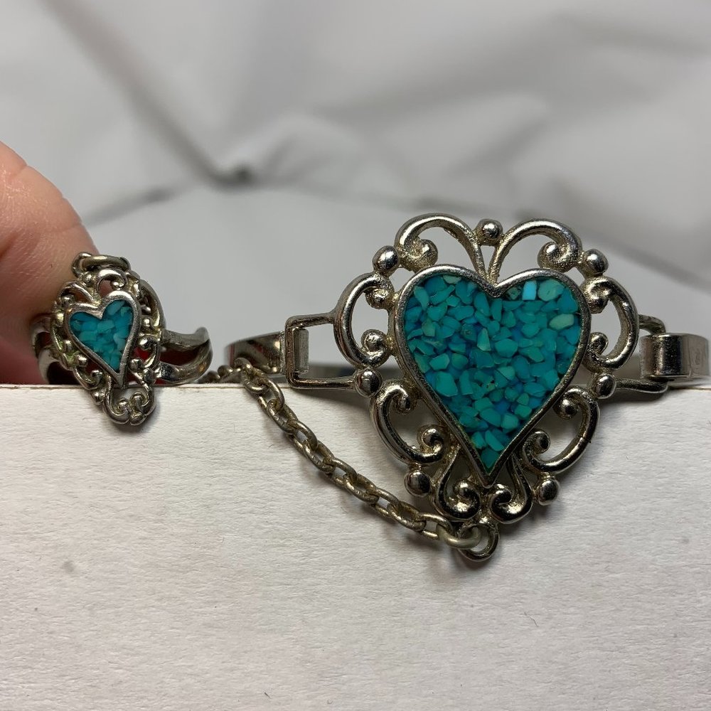 ege 89 Pewter Vintage Retro Turquoise Cuff Slave Bracelet With Size 5-3/4 Ring.